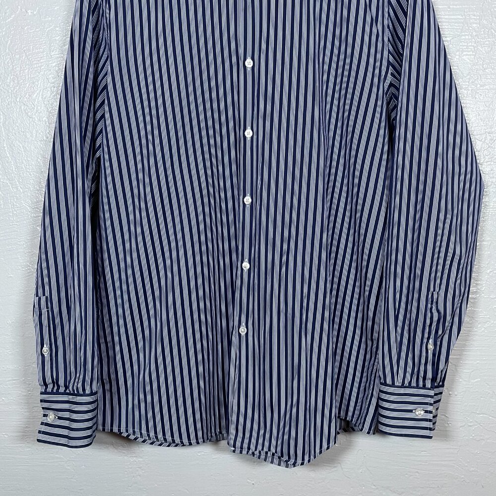 Hugo Boss Men 43 17 Navy Blue White Stripe Shirt Slim Fit Two Ply Spread Collar - Picture 2 of 10